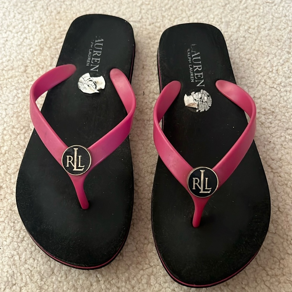 Ralph Lauren black and pink logo flip flops. Size 6